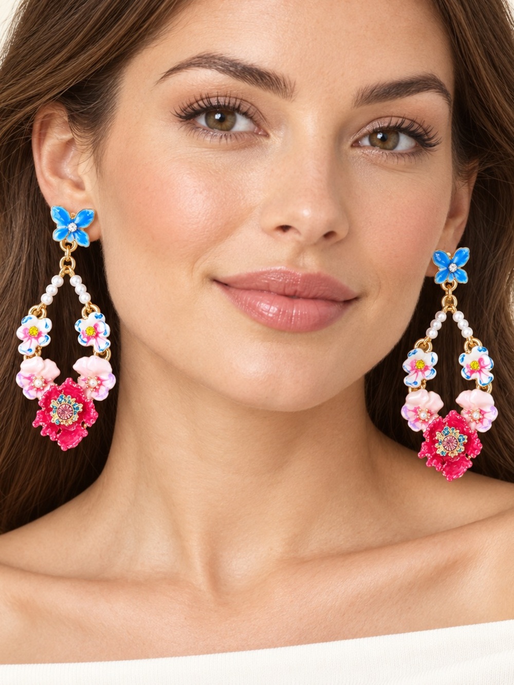Colorful Floral Butterfly Statement Earrings
